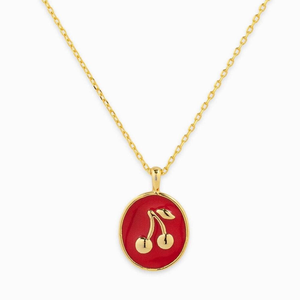 Gold Cherry Signet Pendant Necklace | Oval Enamel Stamp